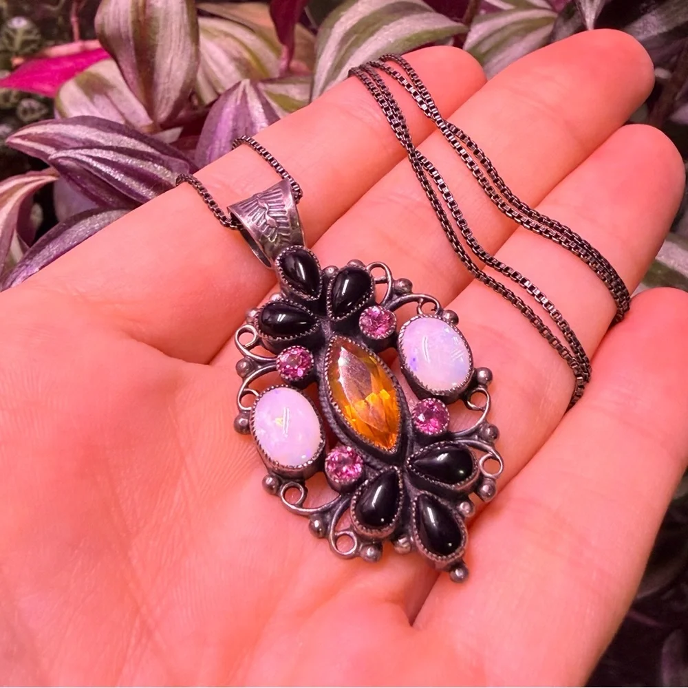 Vintage Feeny Sterling Silver Rainbow Opal Necklace Onyx Pink 925 - Picture 7 of 7